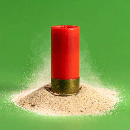 A single red shotgun shell stands ready in a pile of sand or gunpowder, its potential energy a stark contrast against the vibrant green background.の素材