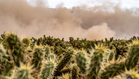 A massive wall of dust and sand, a powerful haboob, advances across the arid landscape, threatening to engulf a resilient field of cholla cacti.の素材