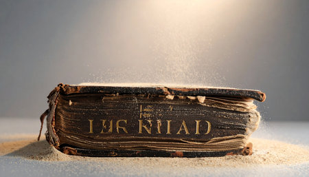 A single beam of heavenly light illuminates a weathered, ancient copy of The Iliad, its tattered pages holding the weight of history and epic tales.の素材