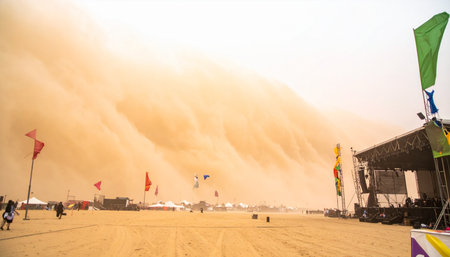 A colossal wall of sand and dust, a powerful haboob, looms on the horizon, about to engulf an outdoor festival.の素材
