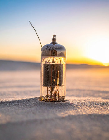 An antique vacuum tube, a relic of a bygone era of communication, stands alone on a vast, textured plain.の素材