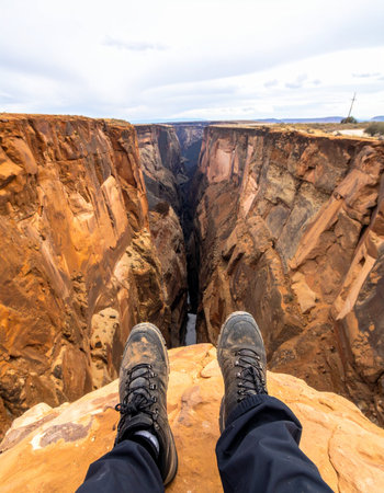 From a first-person perspective, a hiker's boots dangle precariously over the immense drop of a deep, narrow canyon.の素材