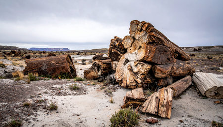 Massive, mineralized logs from a prehistoric era lie scattered across a vast, arid landscape under a cloudy sky.の素材