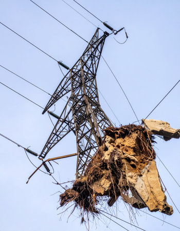 A massive bird's nest is precariously built among the complex and dangerous high-voltage wires of a transmission tower.の素材