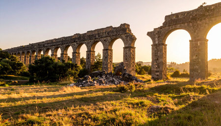 The golden light of a setting sun filters through the majestic arches of an ancient Roman aqueduct.の素材