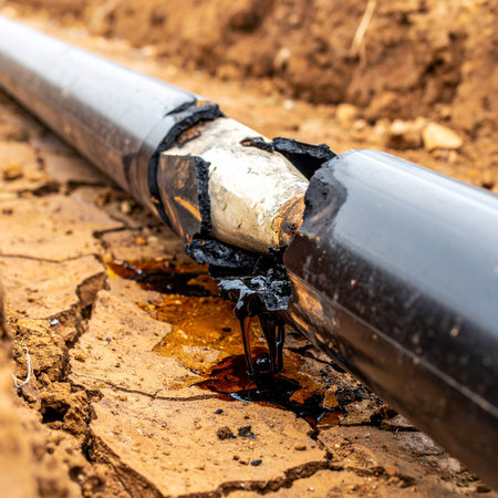 A close-up view reveals a critical failure in an underground utility line. A large black pipe lies broken in an earthen trench, leaking dark fluid from a severe crack caused by an internal blockage.の素材