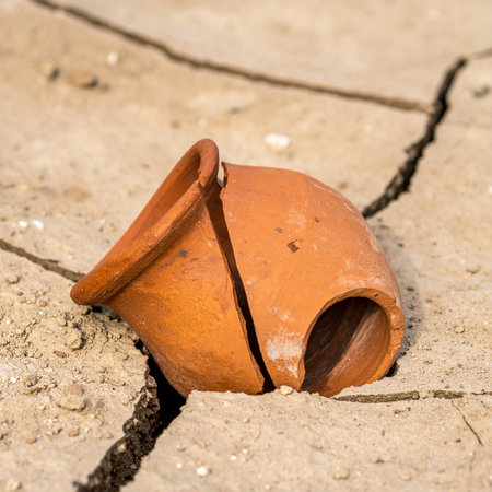 A single, broken terracotta pot lies abandoned on the parched, cracked earth, a poignant symbol of drought and desolation.の素材