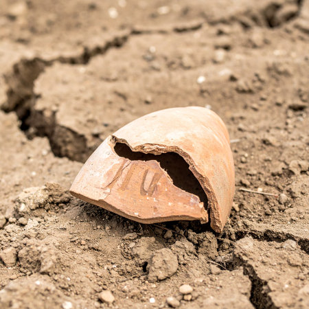 A fragment of ancient pottery, a relic from a forgotten civilization, rests on the parched, cracked earth.の素材