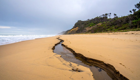 Under a dramatic, overcast sky, a deep fissure carves its way through the wet sand, a stark reminder of the powerful and constant forces of coastal erosion.の素材