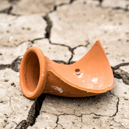 A single broken clay pot, once a vessel for life-giving water, now lies abandoned on the parched, cracked earth.の素材