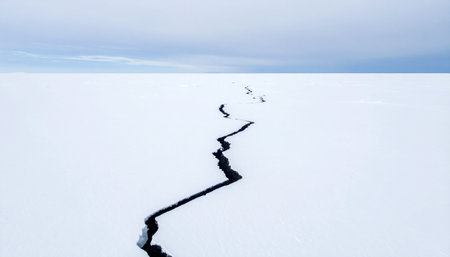 A deep, dark fissure splits a vast, unending expanse of white snow and ice, creating a powerful and dramatic line against the minimalist landscape.の素材