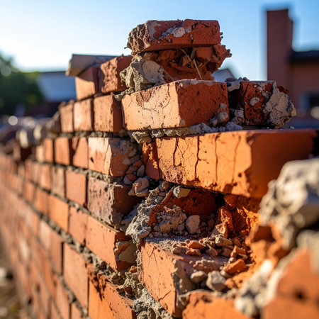 A close-up, selective focus shot of a dilapidated red brick wall.の素材