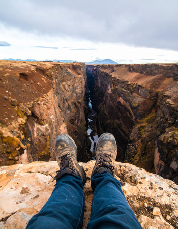 From a first-person perspective, a hiker's boots dangle precariously over the edge of a vast, deep canyon.の素材