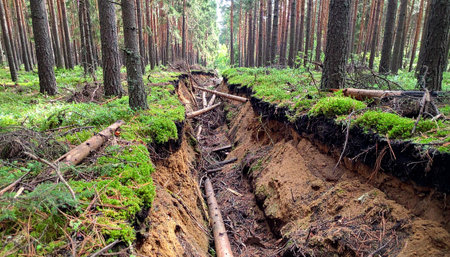 A deep earthen trench cuts a stark line through the serene, moss-covered floor of a dense forest.の素材