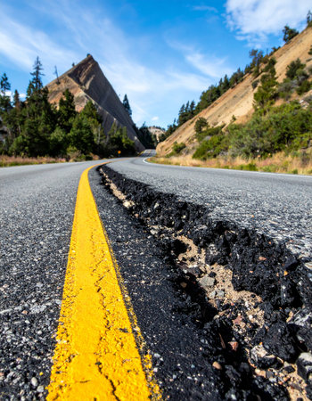 A low-angle perspective captures a deep crack in the asphalt of a mountain highway, evidence of a powerful earthquake or geological shift.の素材