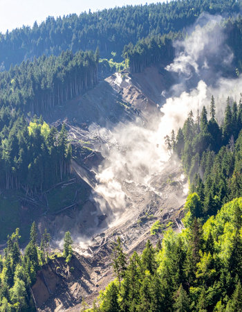 A massive cloud of dust and debris erupts from a steep, forested hillside as a powerful landslide carves a path of destruction down the mountain.の素材