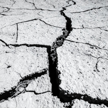 A dramatic black and white close-up captures a deep fissure splitting through dry, parched earth.の素材