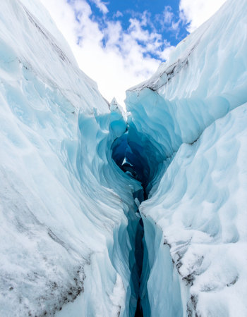 A breathtaking view from deep within a glacial crevasse, where ancient, compressed ice glows with an intense blue light.の素材