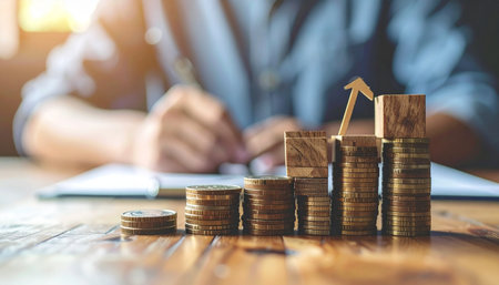 A miniature figure diligently works atop a growing stack of coins, symbolizing the careful planning and consistent effort required to build wealth.の素材