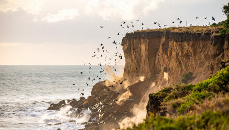 A dramatic moment captured as a sheer cliff face succumbs to the power of nature.の素材