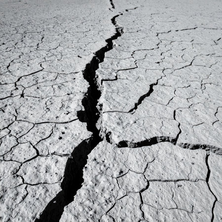 A deep fissure splits the parched, cracked earth, a stark black and white testament to extreme drought and environmental change.の素材
