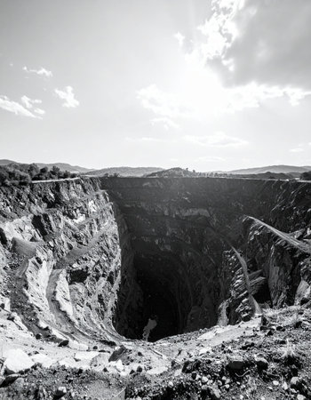 A stark, black and white photograph capturing the immense and sobering scale of an open-pit mine.の素材