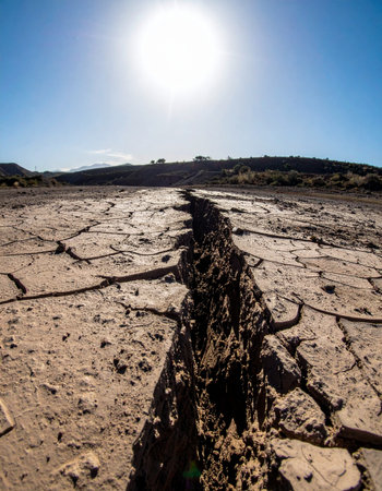 From a low perspective, a deep fissure scars the parched earth, a stark testament to relentless heat and prolonged drought.の素材