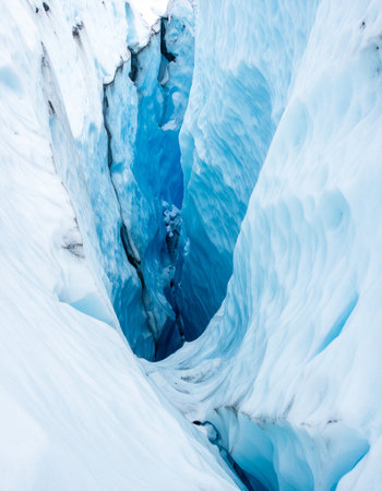 A breathtaking view into the heart of a glacier, revealing a deep, narrow crevasse glowing with an intense, otherworldly blue light.の素材