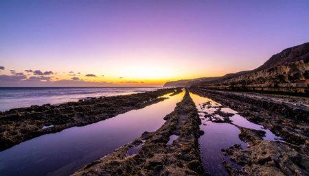 As the sun dips below the horizon, its last light paints the sky in shades of purple and gold.の素材