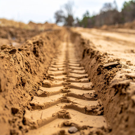 A low-angle, detailed view captures the deep impression of a heavy vehicle's tire tread in wet, pliable mud.の素材