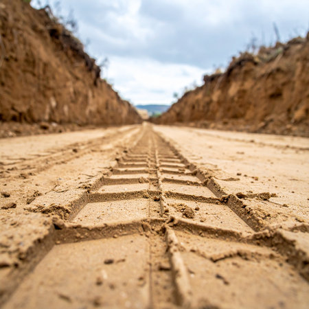 A low-angle, close-up view of a deep tire tread imprinted in the mud of a freshly excavated dirt road.の素材