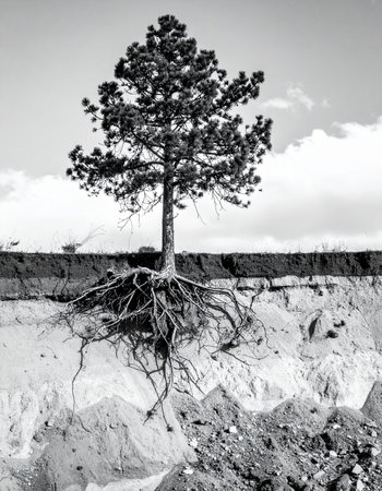 A solitary tree stands defiantly at the edge of an eroded cliff, its intricate root system laid bare.の素材