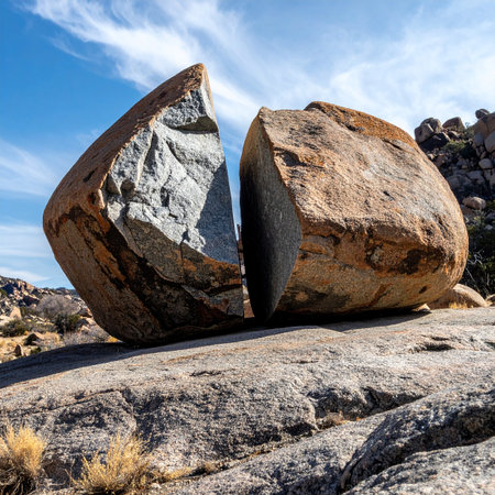 A colossal boulder, perfectly cleaved in two by the immense forces of nature, rests under a vast blue sky.の素材
