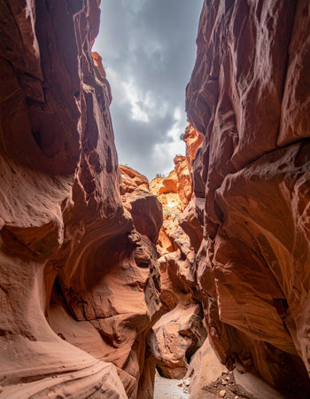 From the depths of a narrow slot canyon, the textured red sandstone walls twist and turn towards the sky.の素材