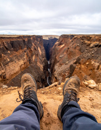 From the hiker's point of view, a moment of quiet contemplation on the edge of a deep gorge.の素材