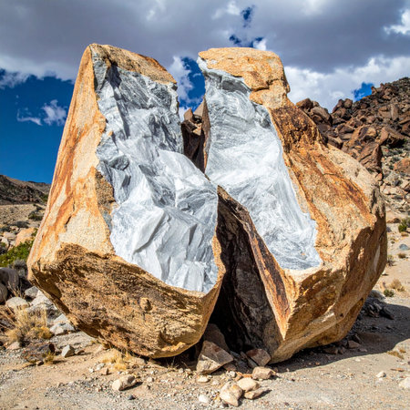 A massive, weathered boulder sits under a partly cloudy sky in a rugged desert landscape. It has been perfectly split in two, revealing a stunning, brilliant white crystalline core.の素材