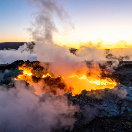 As the sun rises, its gentle light is met by the fierce, fiery glow of the earth's core.の素材