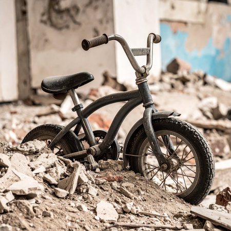 A solitary child's bicycle stands amidst the rubble and debris of a destroyed building.の素材