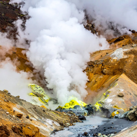 A powerful plume of steam erupts from a geothermal vent in the dramatic, otherworldly landscape of Iceland.の素材