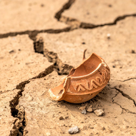 A fragment of history, a broken ancient clay oil lamp, rests on the parched, cracked earth.の素材