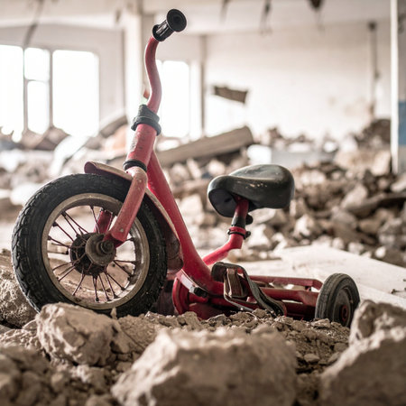 A single red tricycle, a forgotten relic of a happier time, sits silently amidst the rubble of a destroyed building.の素材