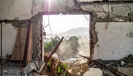 From within the skeletal remains of a shattered building, a gaping hole in the wall frames a view of the enduring landscape outside.の素材
