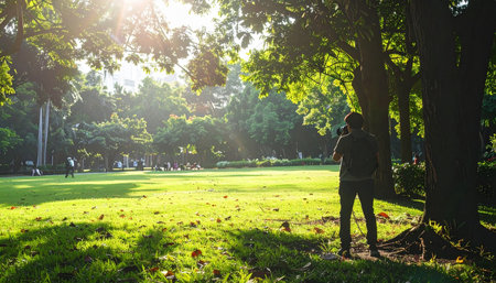 A lone figure stands in quiet contemplation under the sprawling branches of a tree, bathed in the warm, golden light of a serene morning.の素材