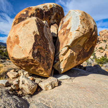 Massive, ancient granite boulders are precariously balanced against each other, defying gravity under a vast desert sky.の素材