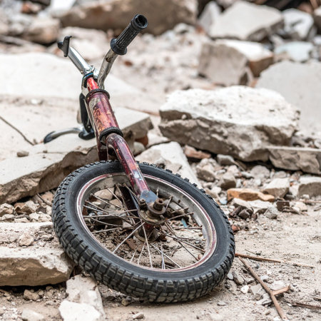 A small child's bicycle stands partially buried in the rubble of a demolished building.の素材