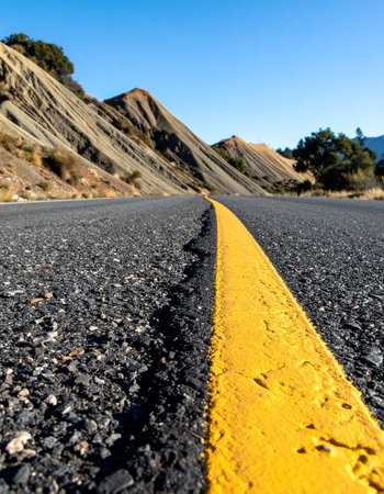 A low-angle perspective follows a bright yellow line down a winding asphalt road.の素材