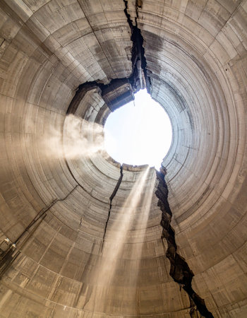 From the depths of a forgotten, circular concrete structure, brilliant sunbeams pierce through a fractured ceiling.の素材