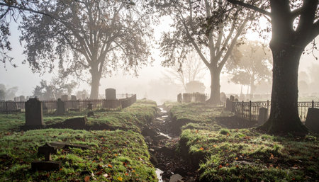 Soft morning light filters through a thick blanket of fog, illuminating an ancient and peaceful graveyard.の素材