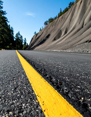 A low-angle perspective captures the bright yellow line on a remote mountain highway, leading the eye toward an unknown destination.の素材