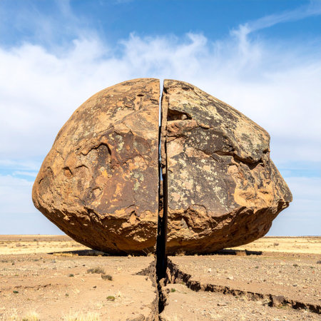 In the vast, silent expanse of a sun-scorched desert, a colossal boulder stands perfectly divided, a testament to an unknown force.の素材